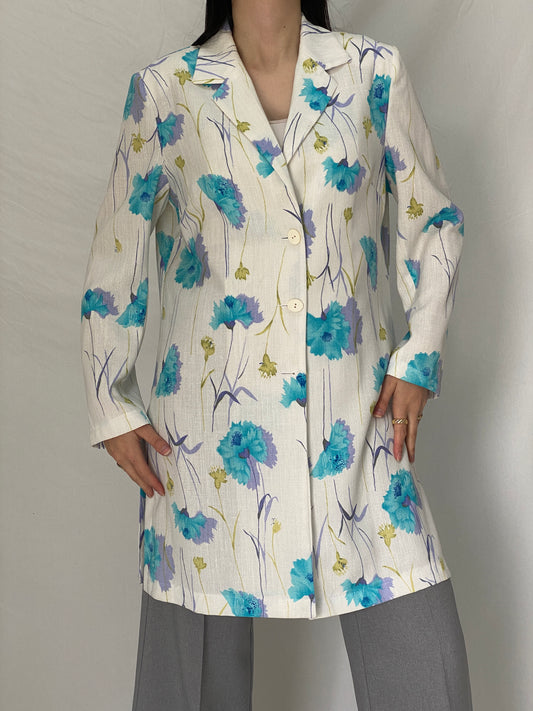Vintage As Niobe New Line by ASM Floral Long Blazer 90s Blue Botanical Tailored Jacket - M