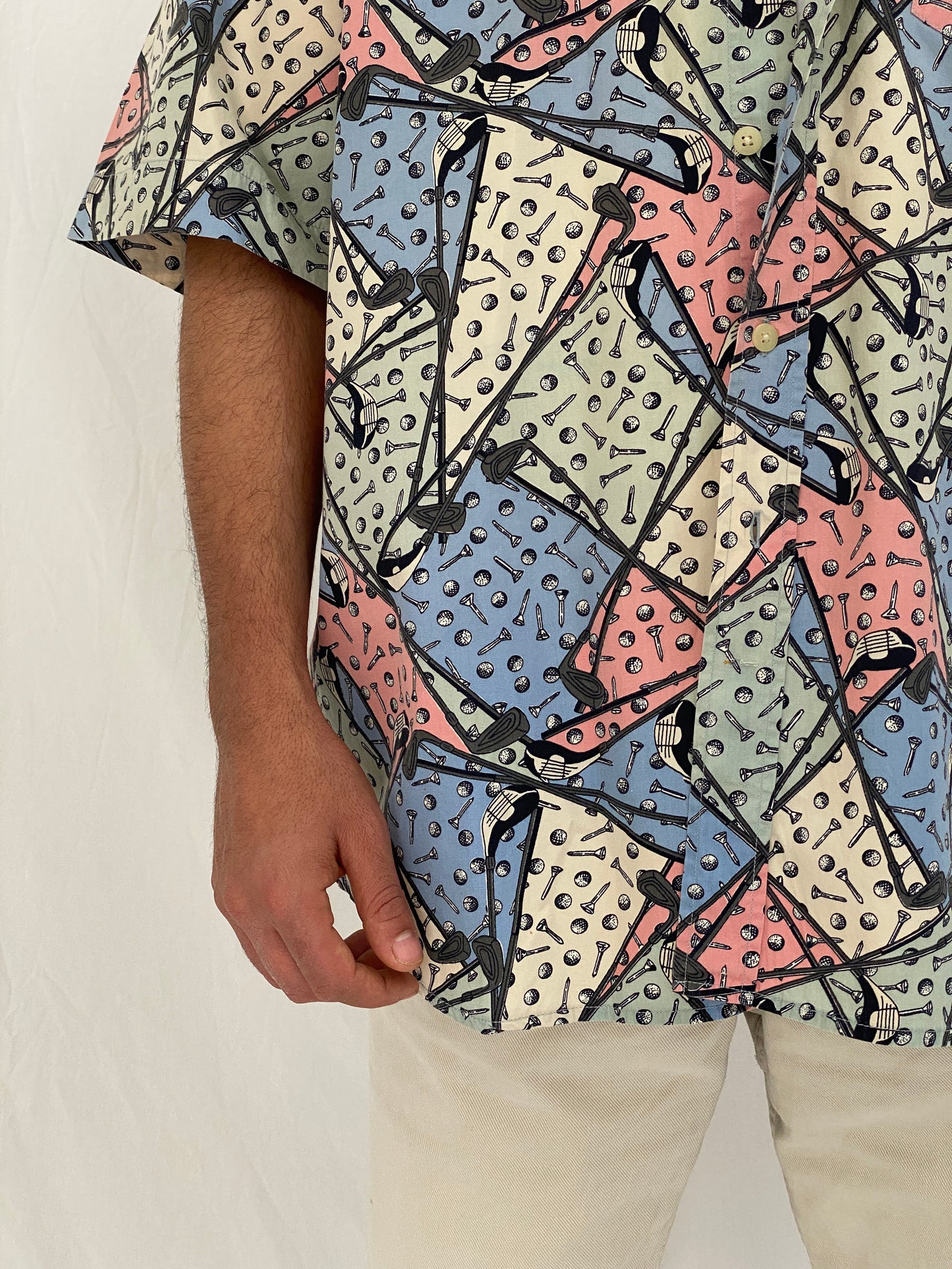 Vintage B.D. Baggies Pastel Golf Print Button Up Shirt Multicolor Abstract Sports Shirt - L