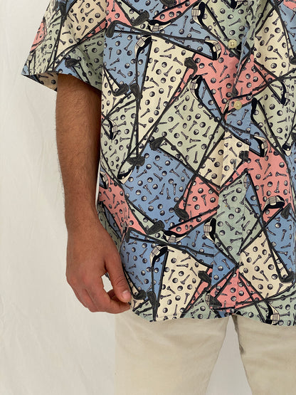 Vintage B.D. Baggies Pastel Golf Print Button Up Shirt Multicolor Abstract Sports Shirt - L
