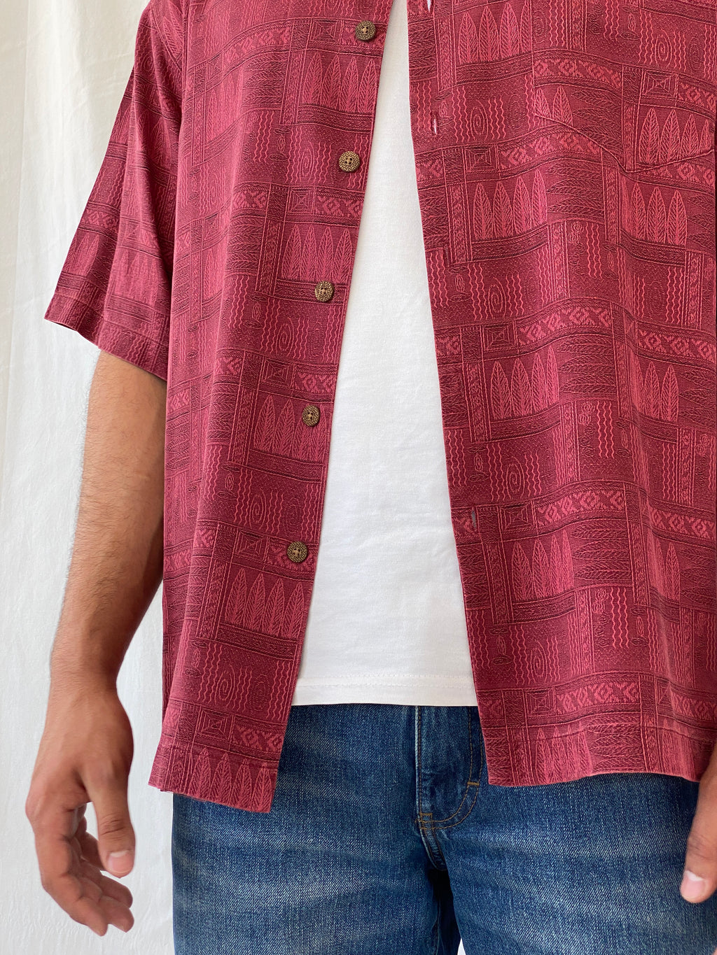 Vintage St. John’s Bay Men’s Short Sleeve Burgundy Hawaiian Silk Shirt - L