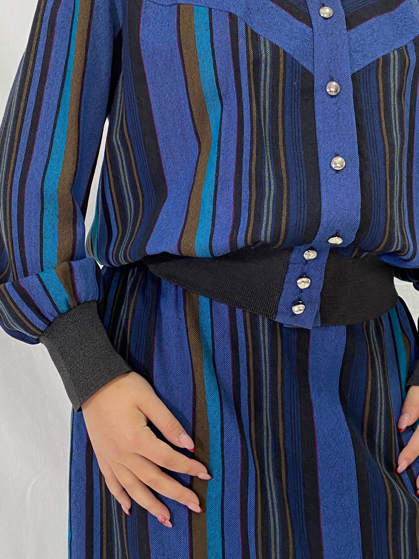 Vintage Pure Wool Sporting Dress Skirt & Jacket Set Blue Striped Two-Piece Set - L