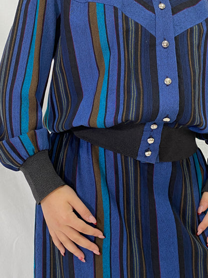 Vintage Pure Wool Sporting Dress Skirt & Jacket Set Blue Striped Two-Piece Set - L
