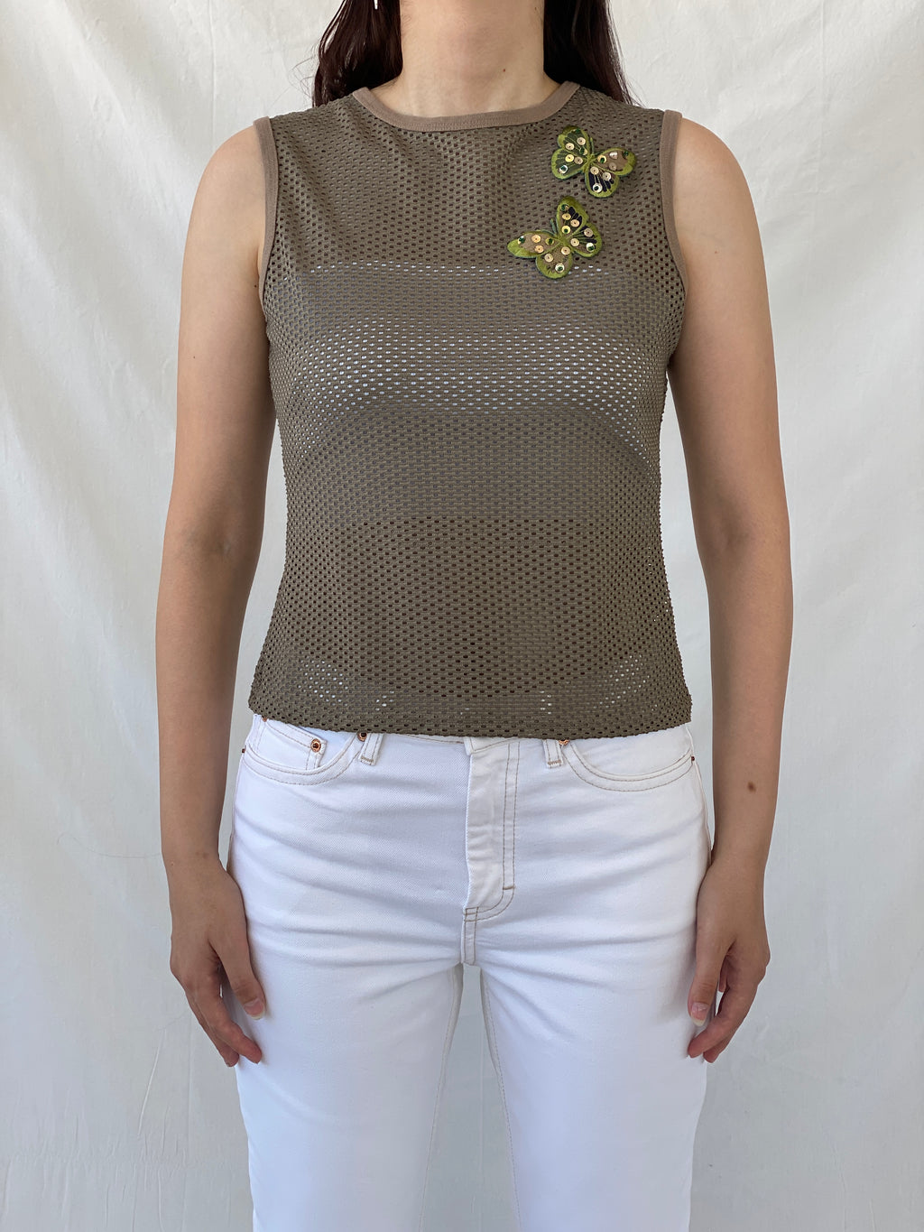 Y2K Red Herring Perforated Mesh Sleeveless Top - L