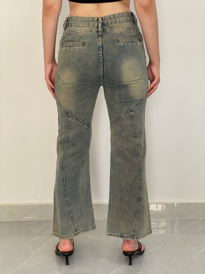 Vintage Y2K Washed Blue Denim Panelled Flare Jeans - 38EUR