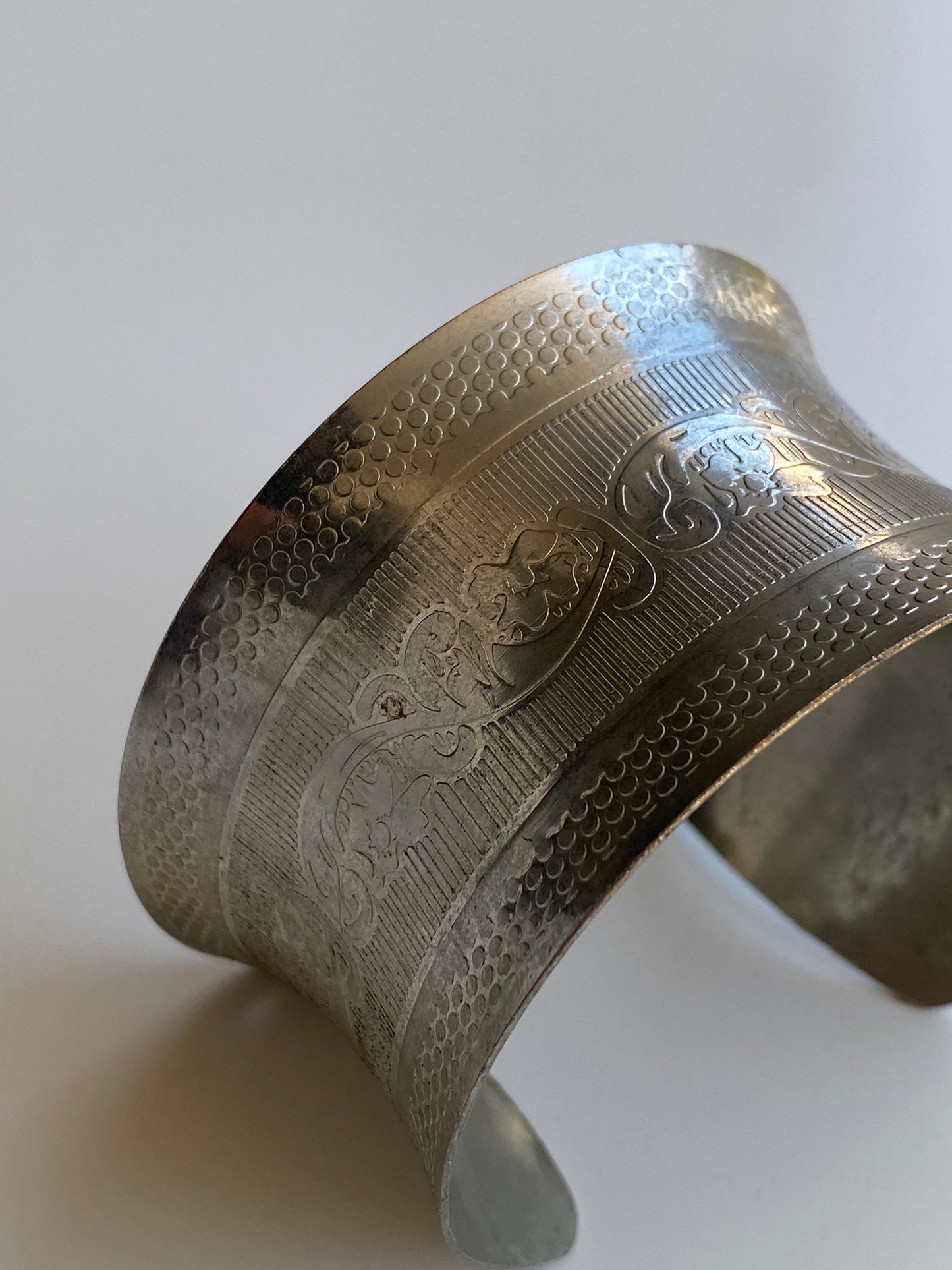 Vintage Silver-Tone Engraved Wide Statement Cuff Bracelet