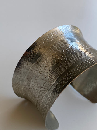 Vintage Silver-Tone Engraved Wide Statement Cuff Bracelet