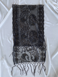 Black Sheer Polyester Scarf with Peacock Embroidery, Sequins & Fringe Evening Shawl / Dressy Wrap