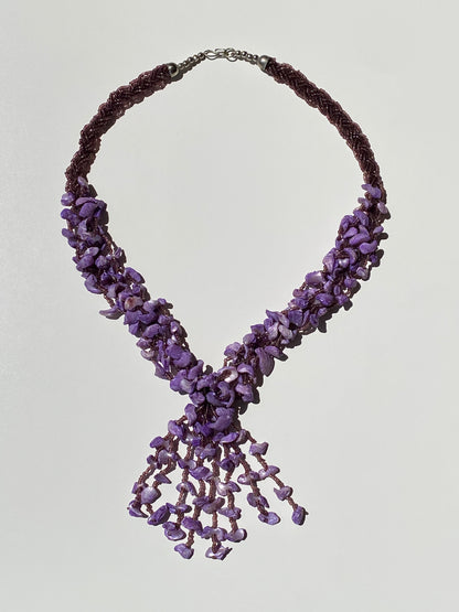 Vintage Purple Chip Stone & Seed Bead Braided Tassel Fringe Necklace