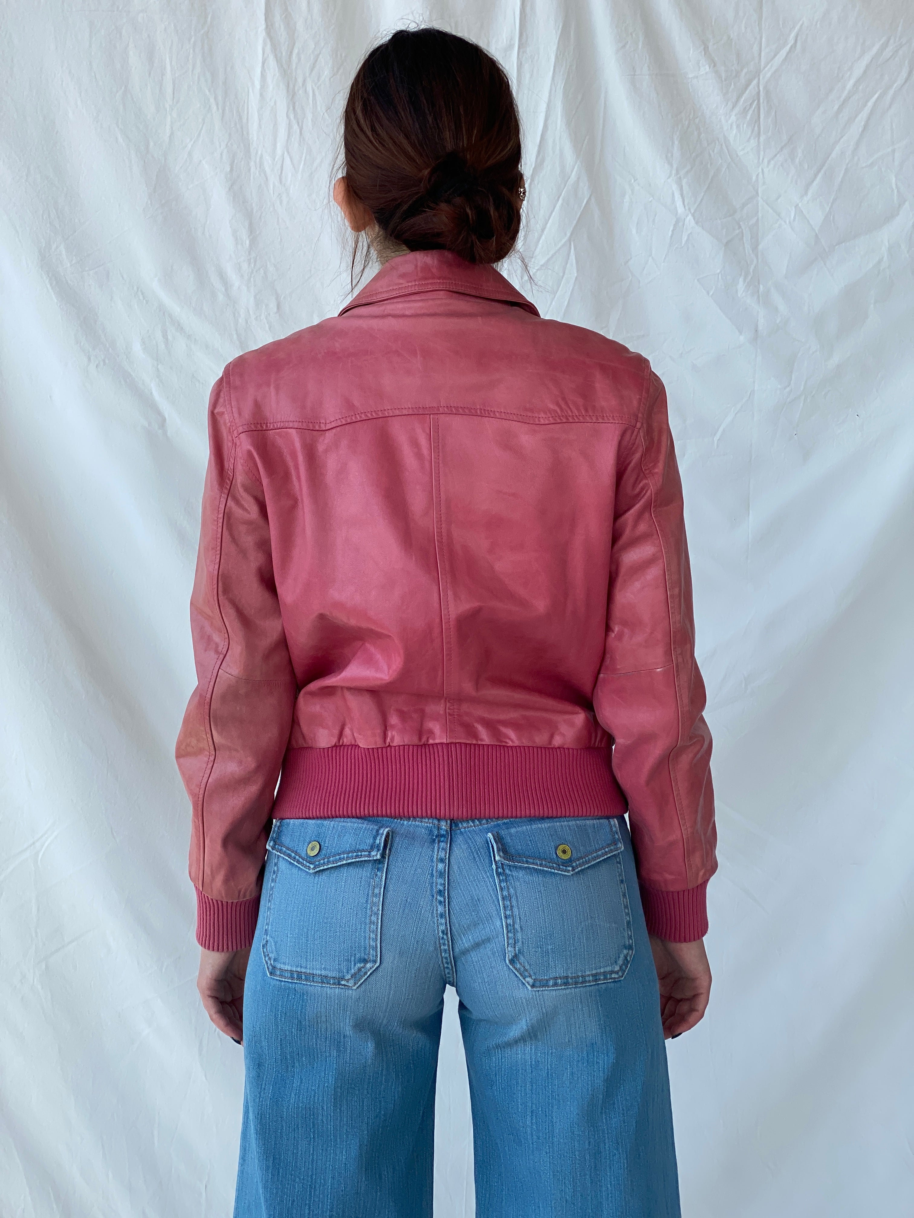 Vintage Mellachia Pink Women’s Genuine Leather Biker Style Bomber Jacket - M
