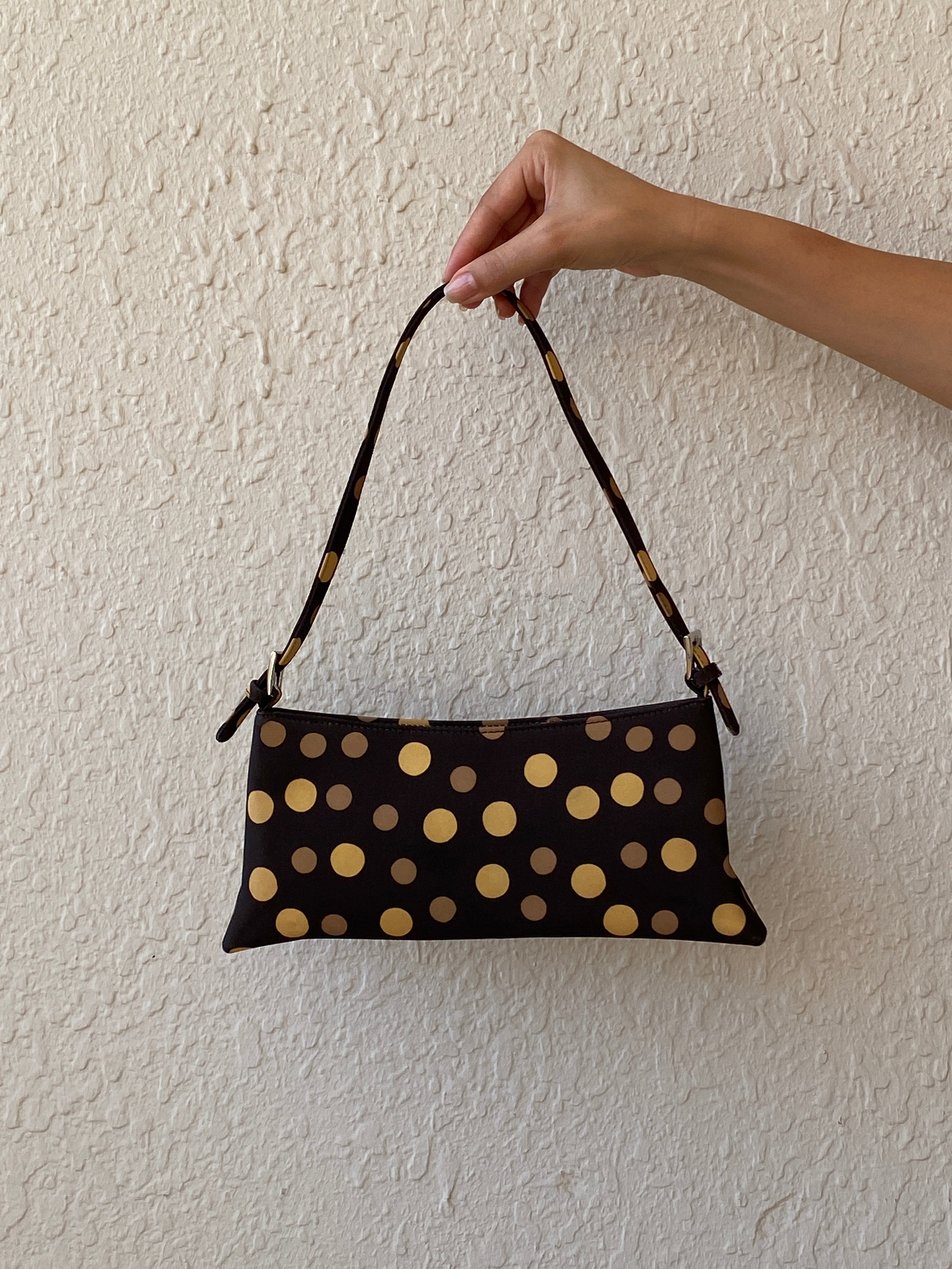 Y2K Brown & Gold Polka Dot Mini Shoulder Bag Retro Baguette Purse