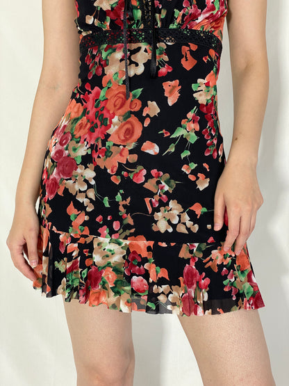 Y2K Floral Print Lace Trim Mini Dress Black with Red & Green Roses - S
