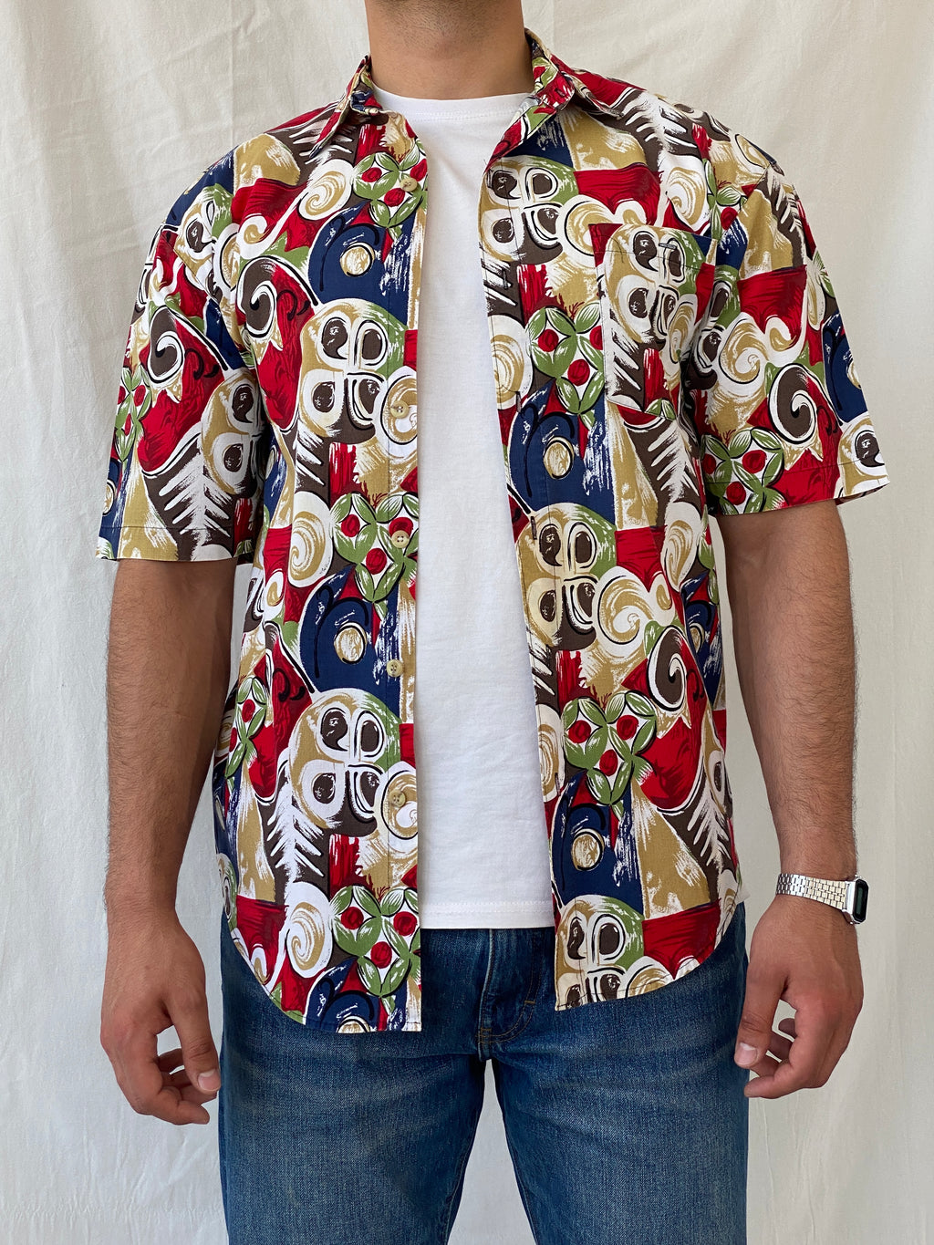 Vintage 90s The Design Crew Men’s Short Sleeve Abstract Multi-color Cotton Shirt - M