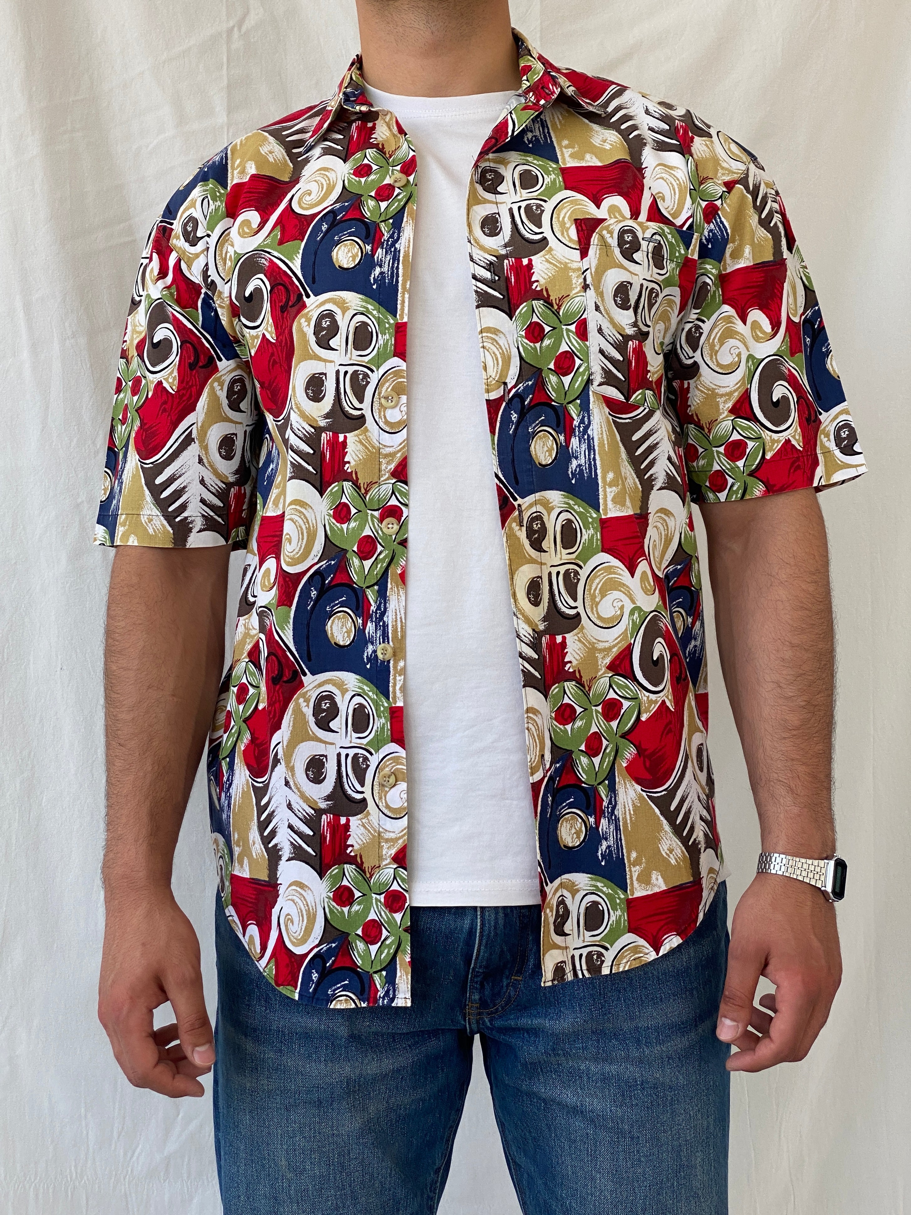 Vintage 90s The Design Crew Men’s Short Sleeve Abstract Multi-color Cotton Shirt - M