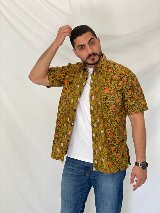 Vintage Fifty Batik Olive Multicolor Batik Print Short Sleeve Shirt – XL