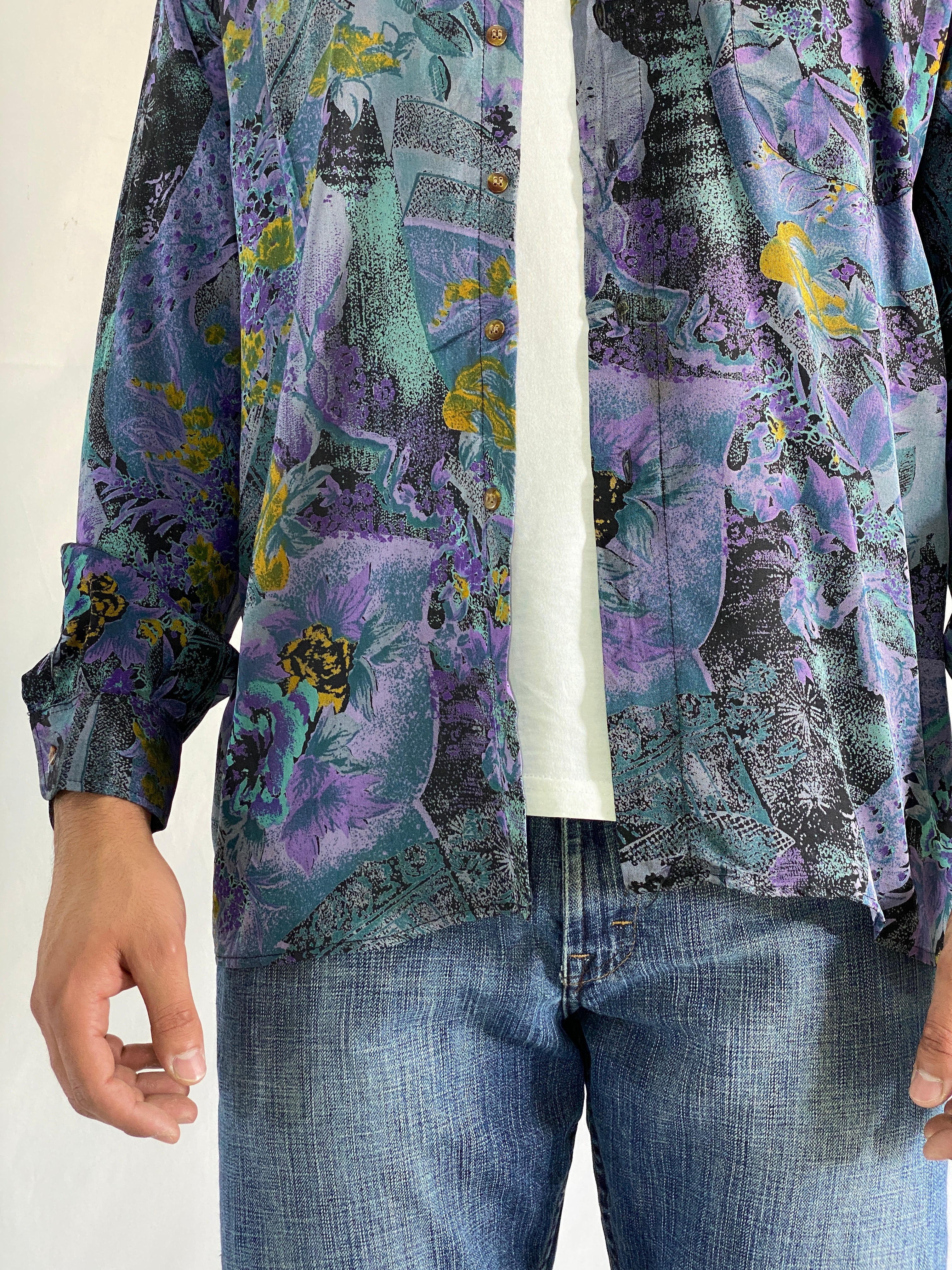 Vintage Purple And Teal Abstract Long Sleeve Floral Men’s Silk Shirt - L