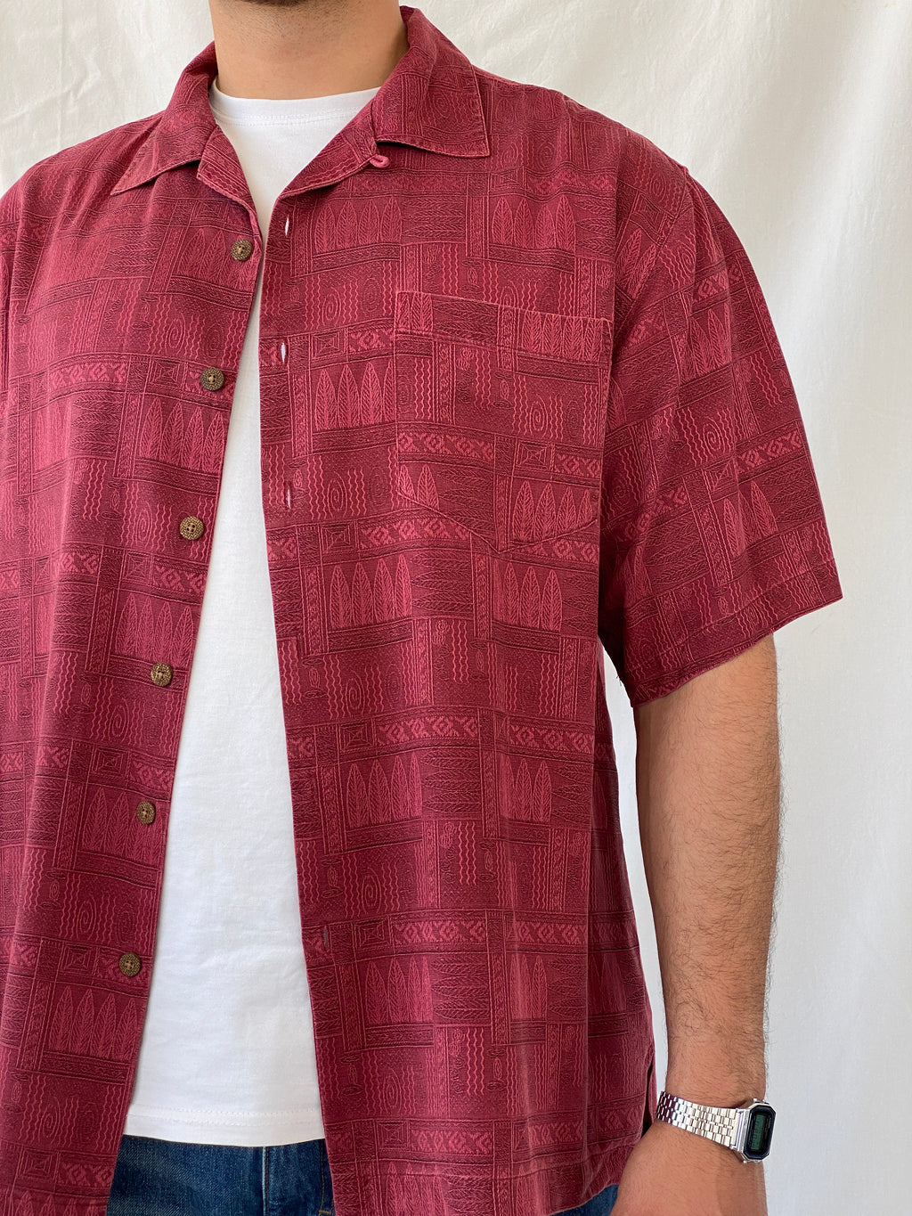 Vintage St. John’s Bay Men’s Short Sleeve Burgundy Hawaiian Silk Shirt - L