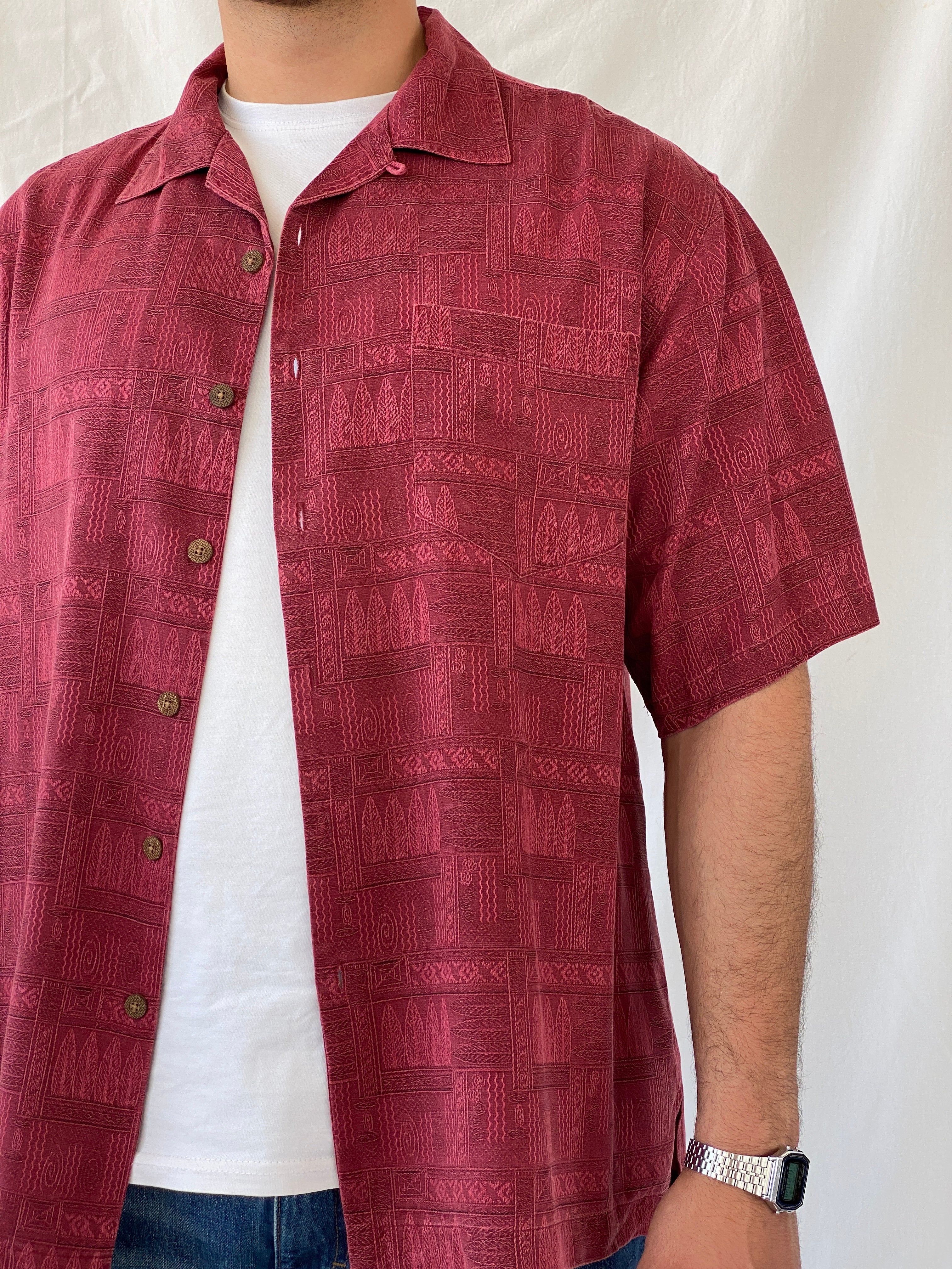 Vintage St. John’s Bay Men’s Short Sleeve Burgundy Hawaiian Silk Shirt - L