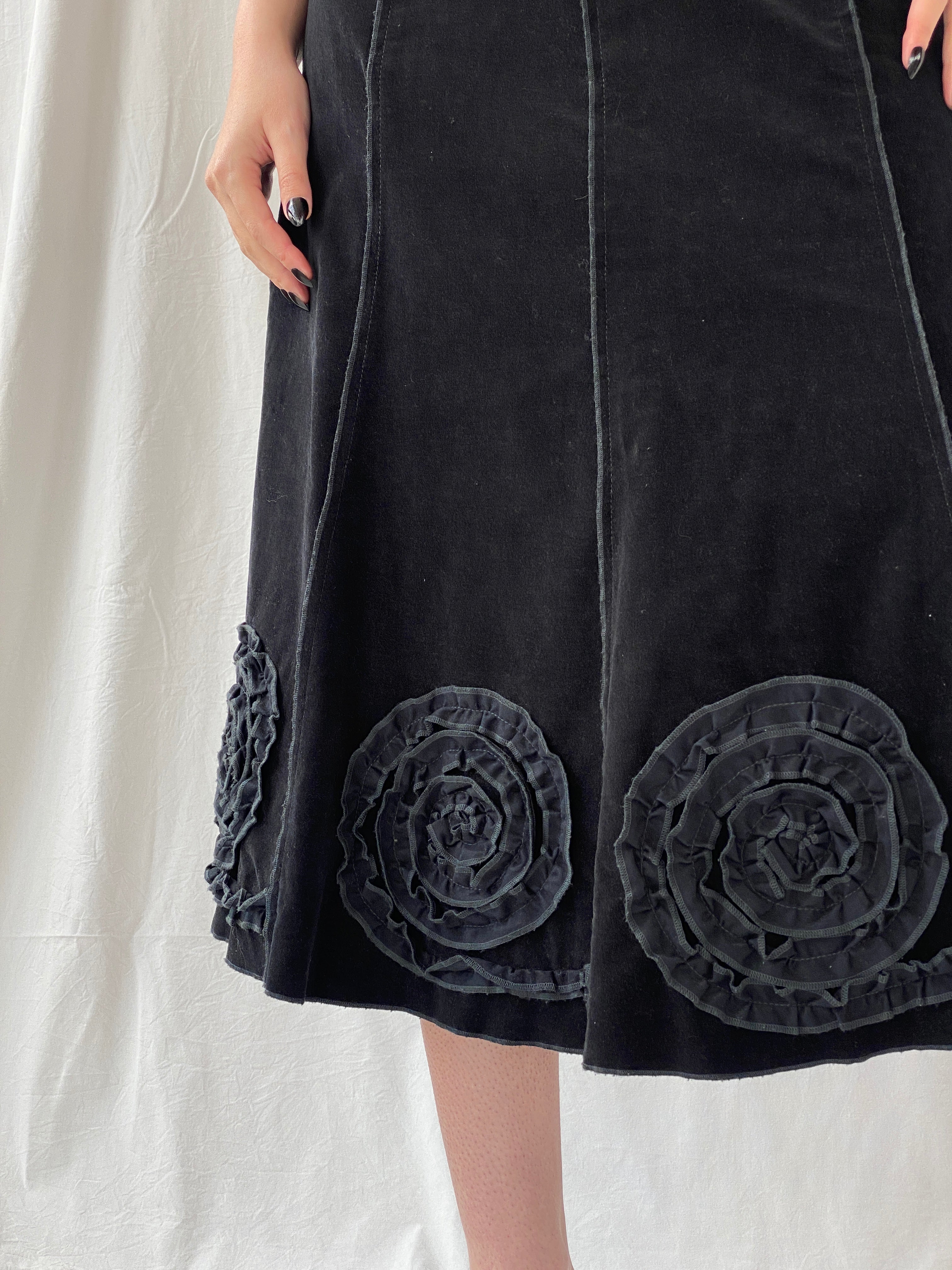Vintage 90s Tence Black Grunge Spiral Details Midi Velvet A-Line Skirt - M