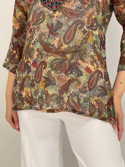 Vintage Y2K Makon Multicolor Paisley Embroidered Sheer Tunic Blouse - L