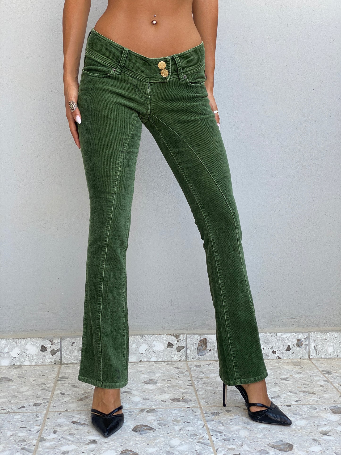 Vintage Y2K Wet Seal Forest Green Corduroy Low Rise Flare Pants - 34EUR