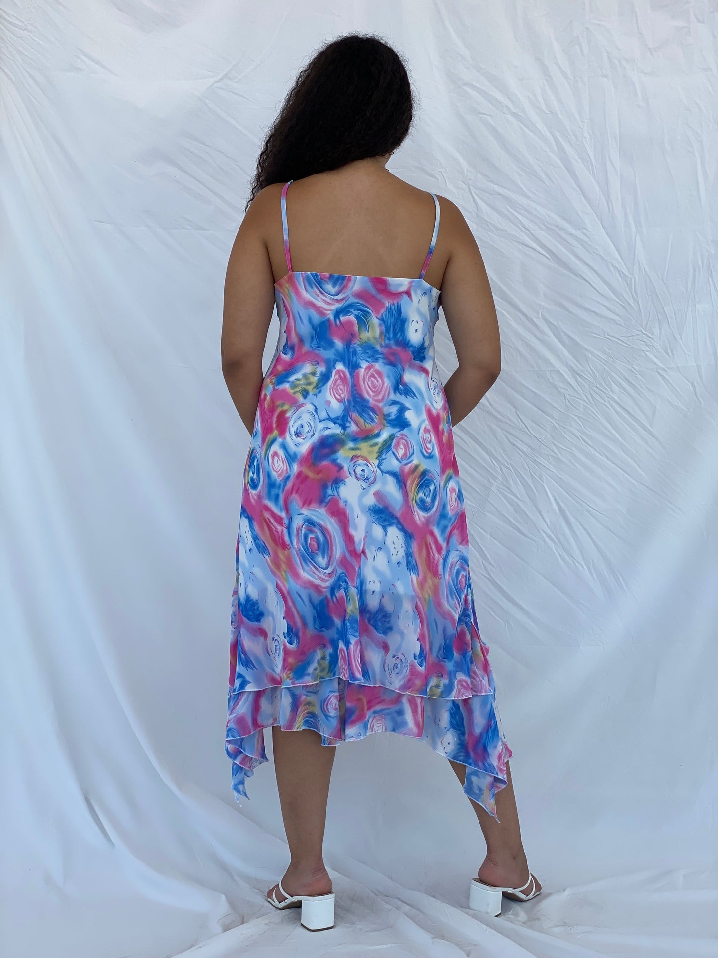 Vintage TYC Blue and Pink Floral Spaghetti Strap Midi Dress - XL