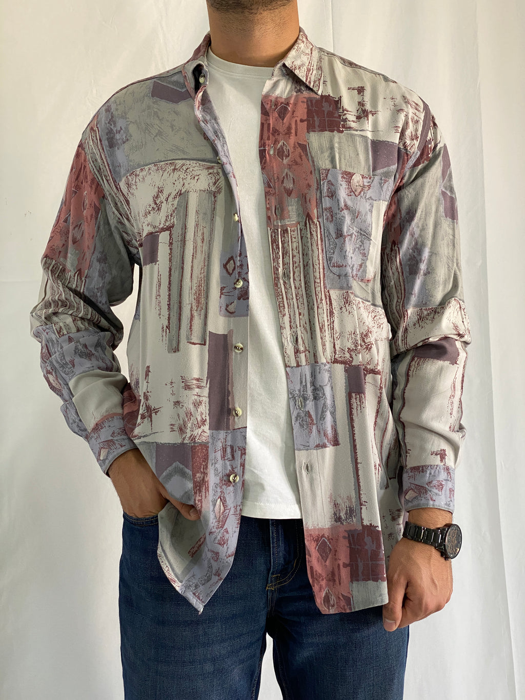 Vintage Happy Life Abstract Geometric Print Men’s Long Sleeve Shirt - L