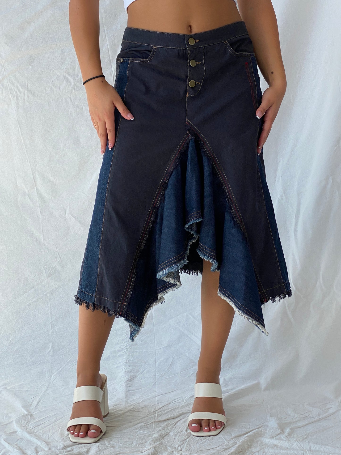 Vintage DELA VEGA Asymmetric Frayed Hem Denim Midi Skirt - L