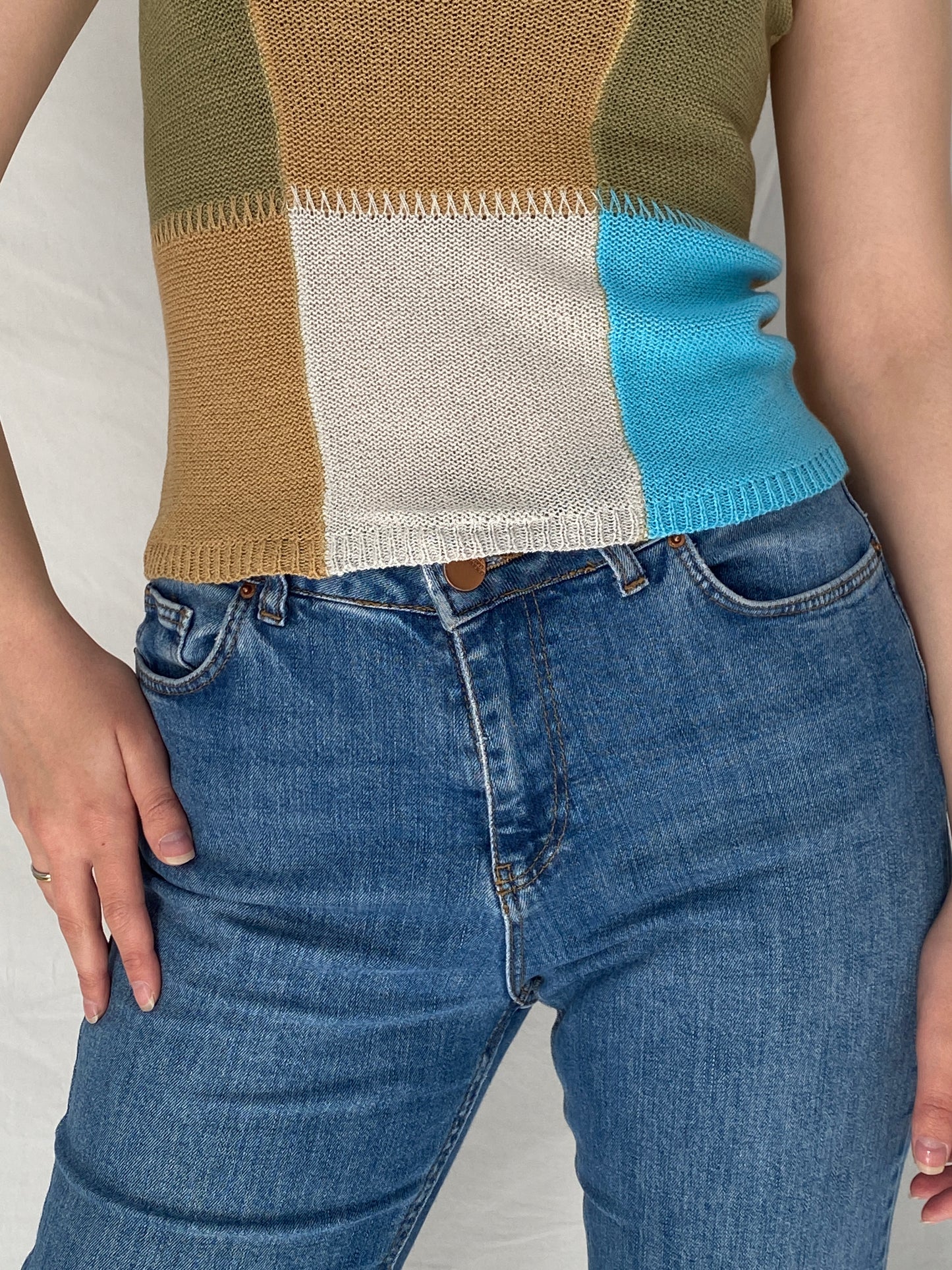 Vintage Patchwork Knit Tank Top Multicolor Y2K Style - S