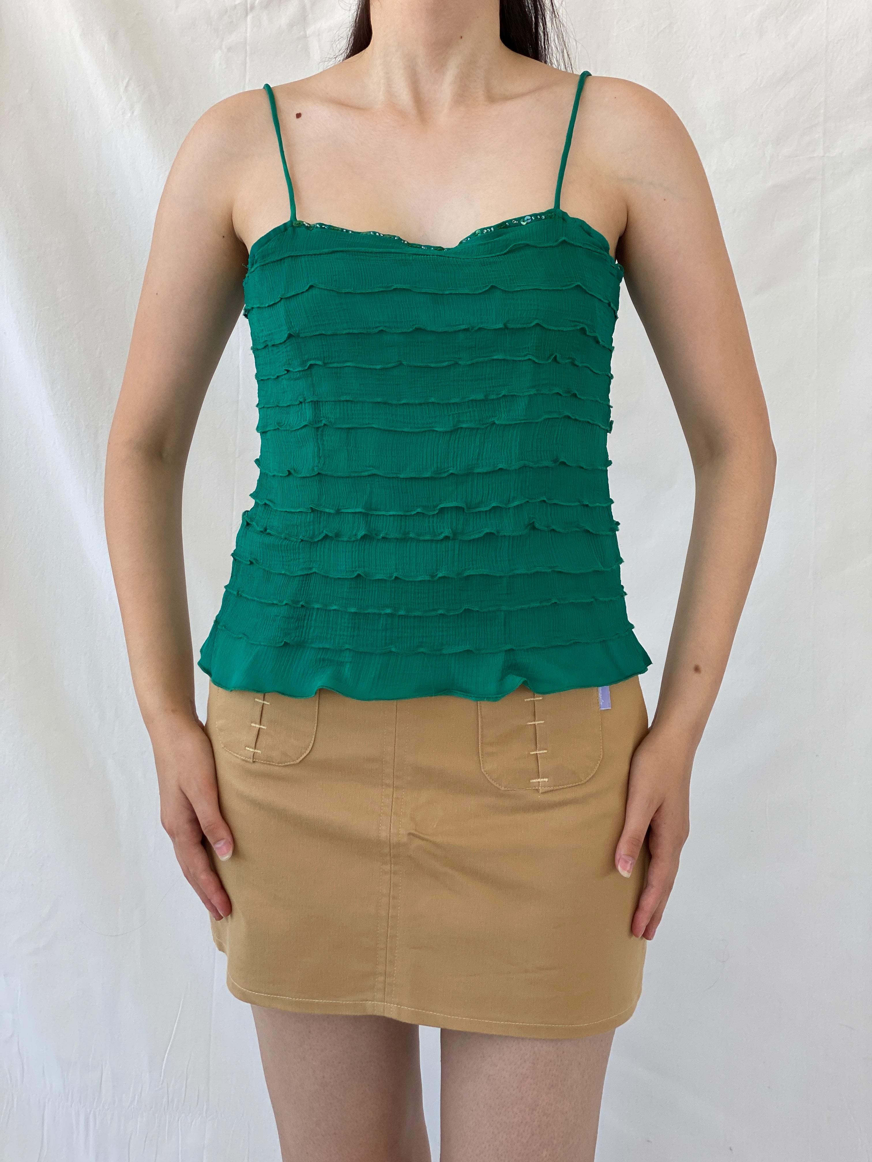 Vintage Wallis Green Ruffle Viscose Cami Top Y2K Party Camisole - L