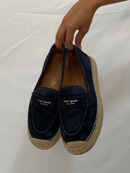 Kate Spade Navy Suede Espadrille Loafers Platform Jute Sole Slip-Ons - 39.5EU