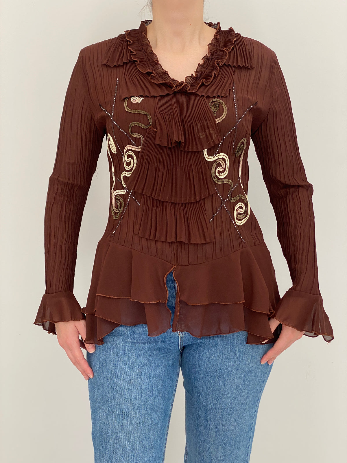 Vintage Whimsy Brown Sheer Pleated Embroidered Ruffle Top – L