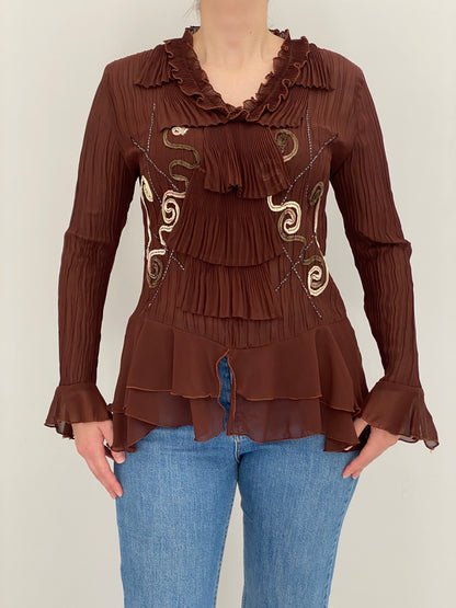 Vintage Whimsy Brown Sheer Pleated Embroidered Ruffle Top – L