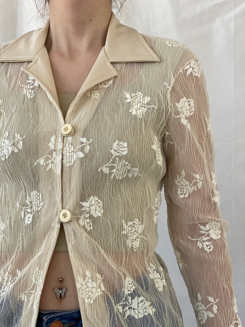 Vintage R&B Rebecca Blu Beige Floral Mesh Cardigan Shirt - M
