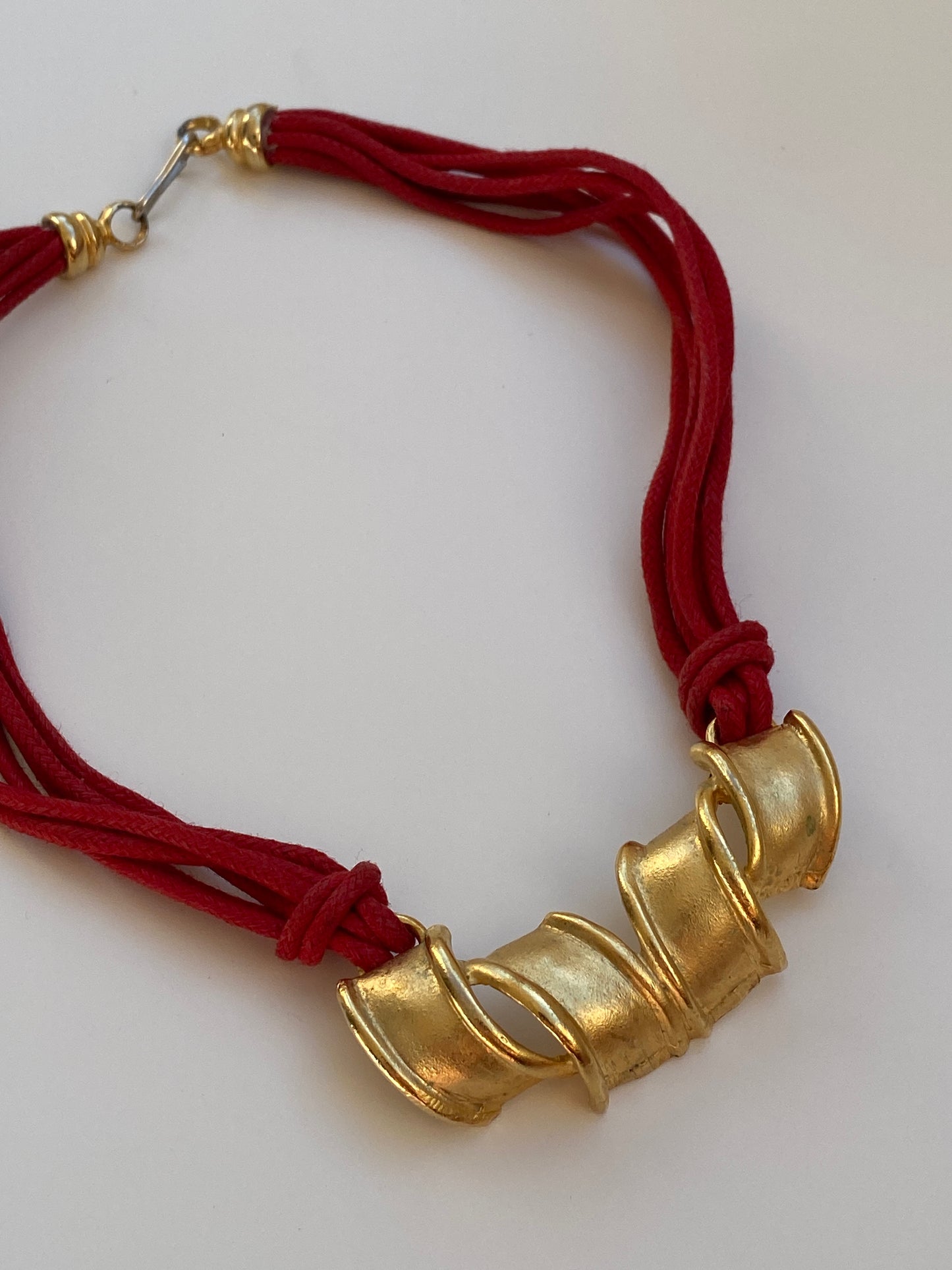 Vintage 1980s Style Red Multi-Cord Gold Tone Sculptural Necklace