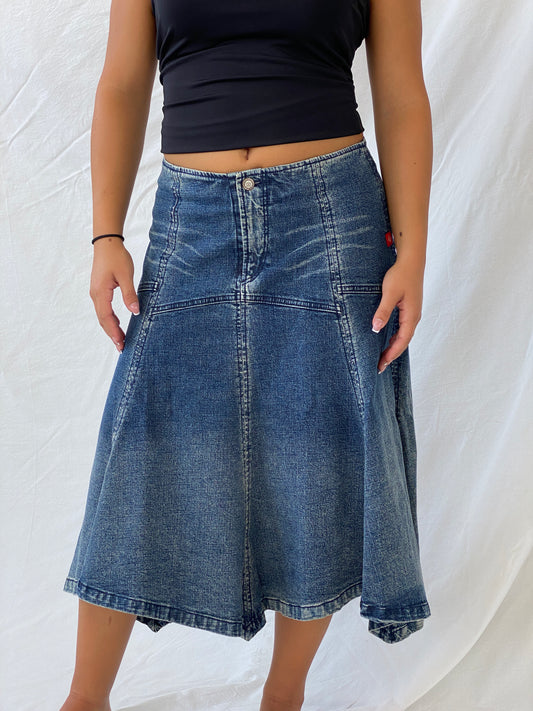 Vintage Y2K New London Midi Denim Asymmetric Hem Skirt - L