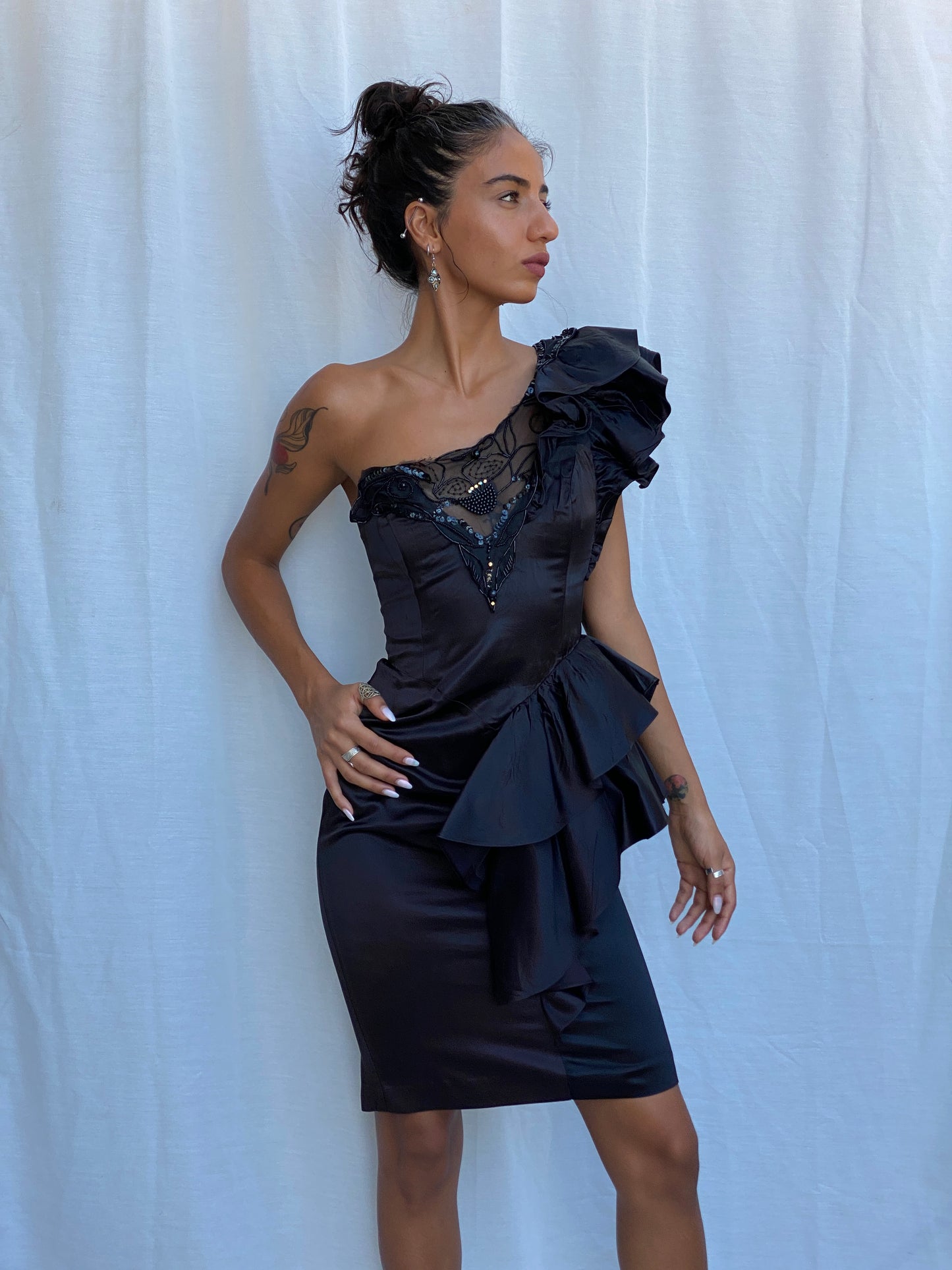 Vintage 80s Climax Karen Okada for David Howard Black Acetate One-Shoulder Beaded Ruffle Cocktail Dress - XS