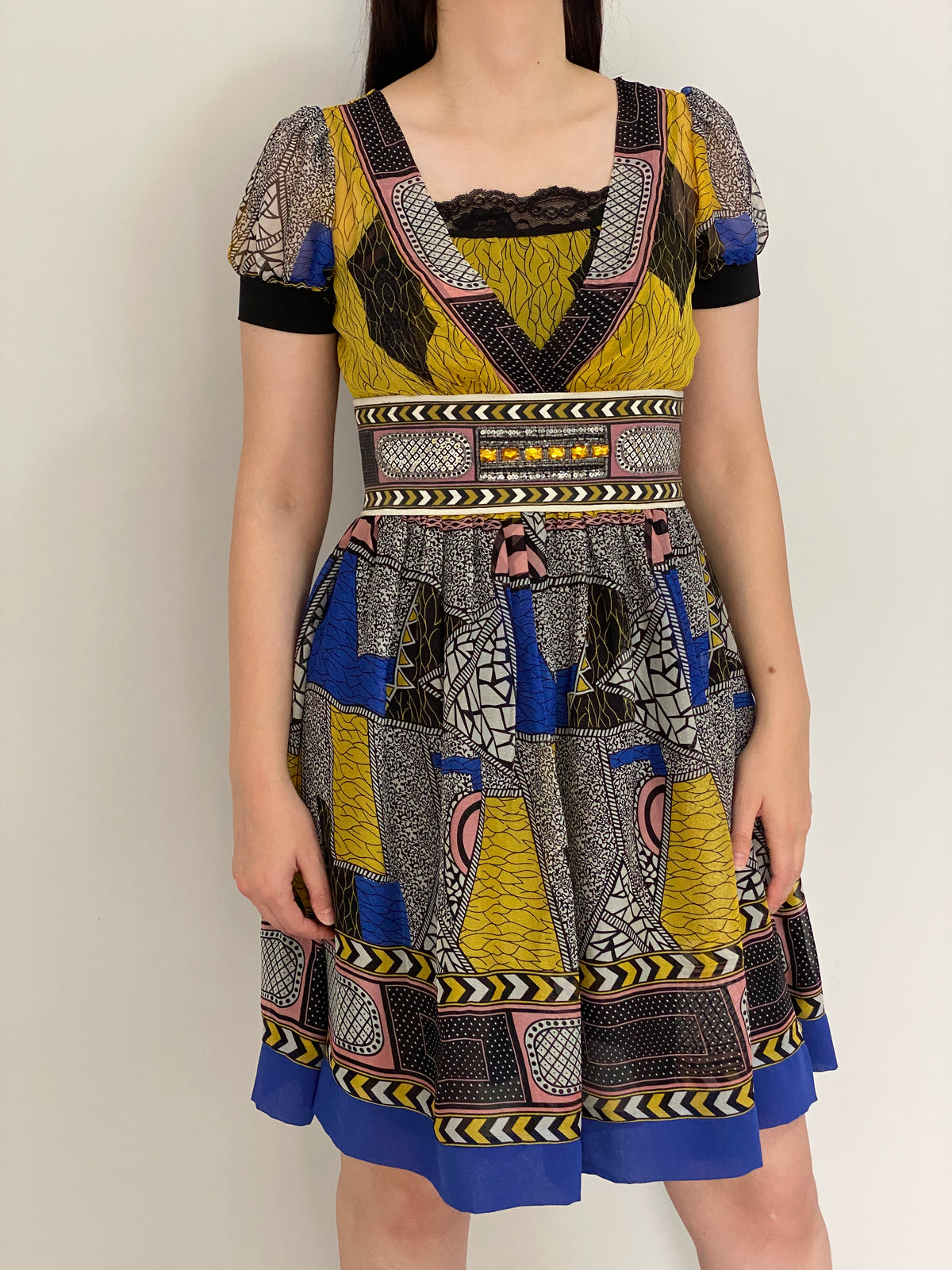 Y2K Whimsical Vini Kawen Mustard Geometric Embellished Dress – M