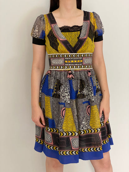 Y2K Whimsical Vini Kawen Mustard Geometric Embellished Dress – M