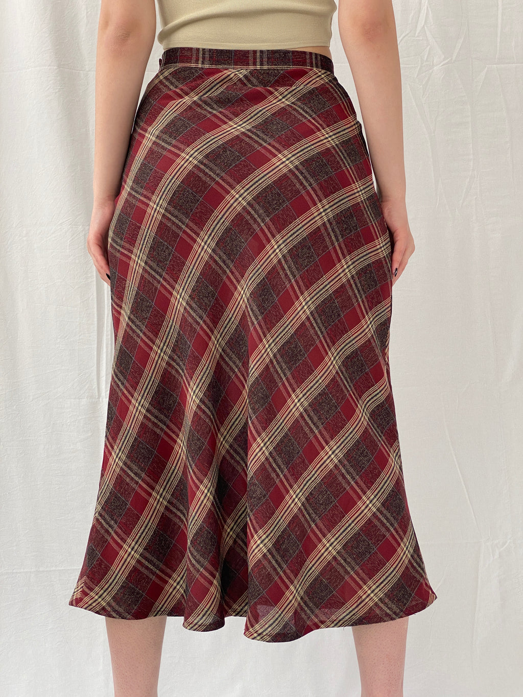 Vintage Handmade Maroon Plaid Flannel Tartan Midi Skirt - M