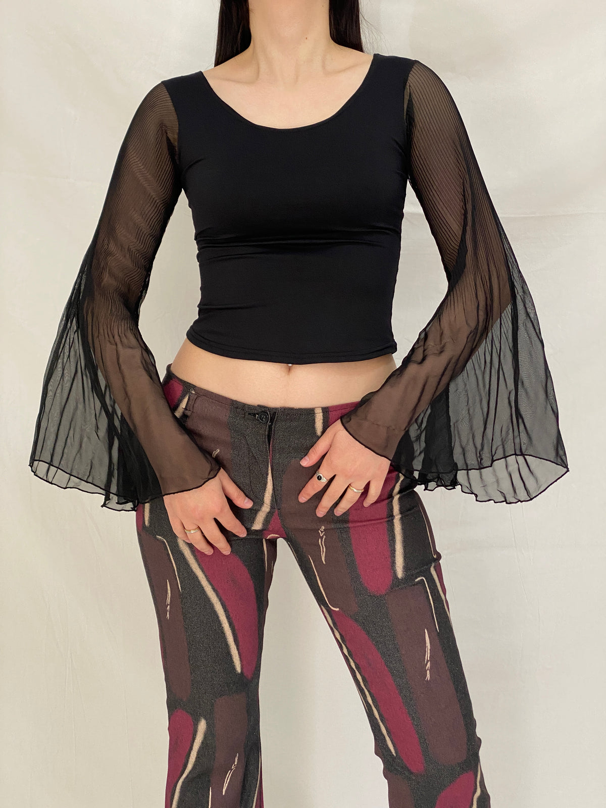Vintage Y2K Xanaka Black Sheer Bell Long Sleeve Whimsy Goth Top – S Vintage Y2K Xanaka Black Sheer Bell Long Sleeve Whimsy Goth Top – S