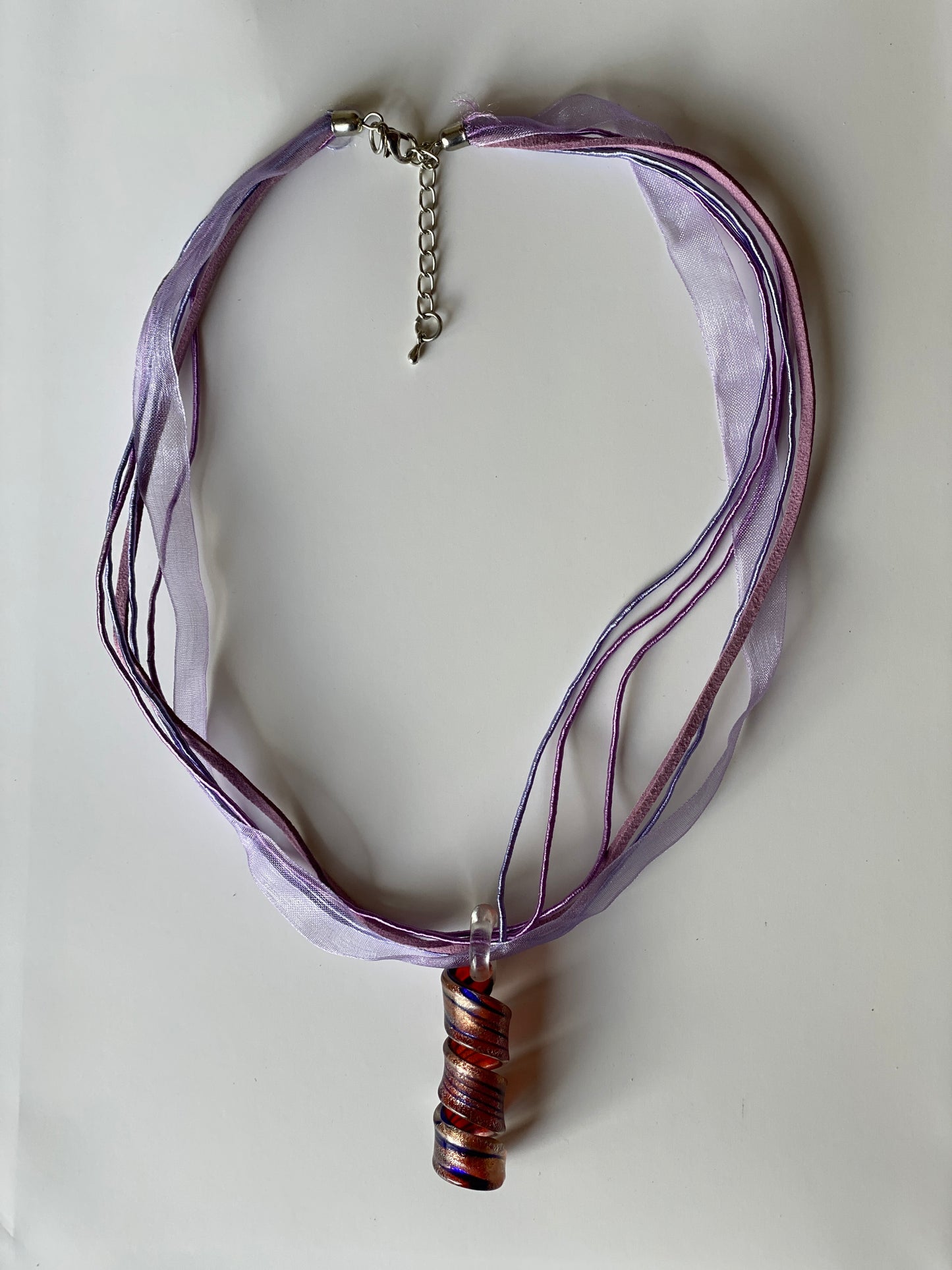 Vintage 1990s Purple Ribbon Art Glass Pendant Necklace