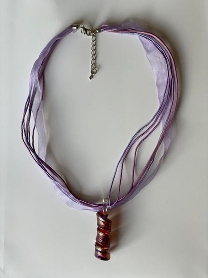 Vintage 1990s Purple Ribbon Art Glass Pendant Necklace