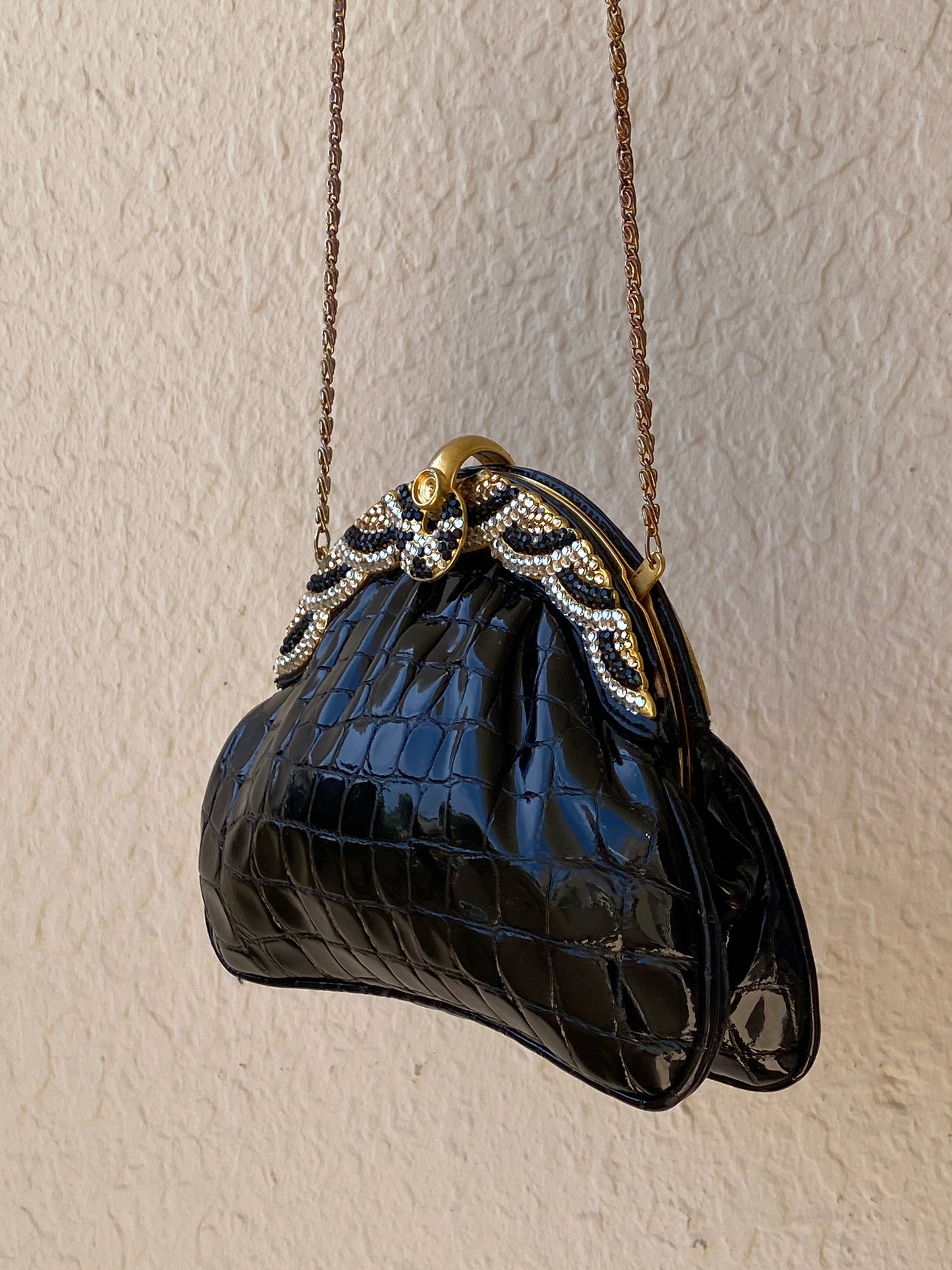 Vintage 1980s Black Croc Embossed Patent Rhinestone Bow Frame Gold Chain Evening Bag