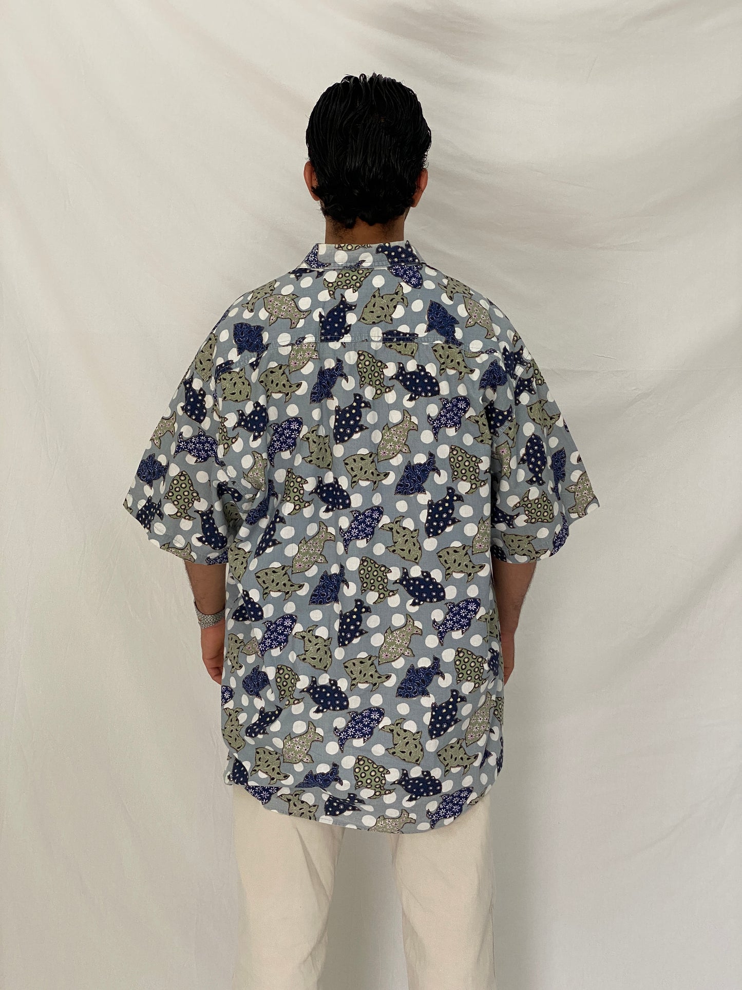 Vintage Guess Abstract Polka Dot Fish Print Blue Cotton Shirt – XL