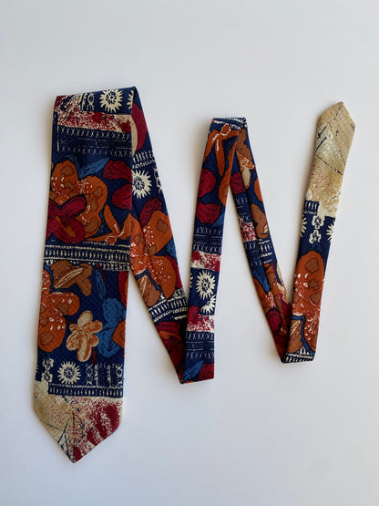 Vintage 1990s T Fashion Navy Multicolor Polyester Floral Abstract Necktie