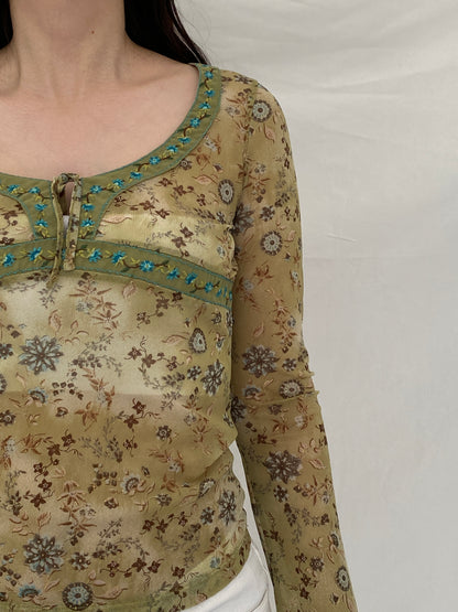 Y2K Bershka Mesh Sage Green Fairy Grunge Floral Long Sleeve Top – M