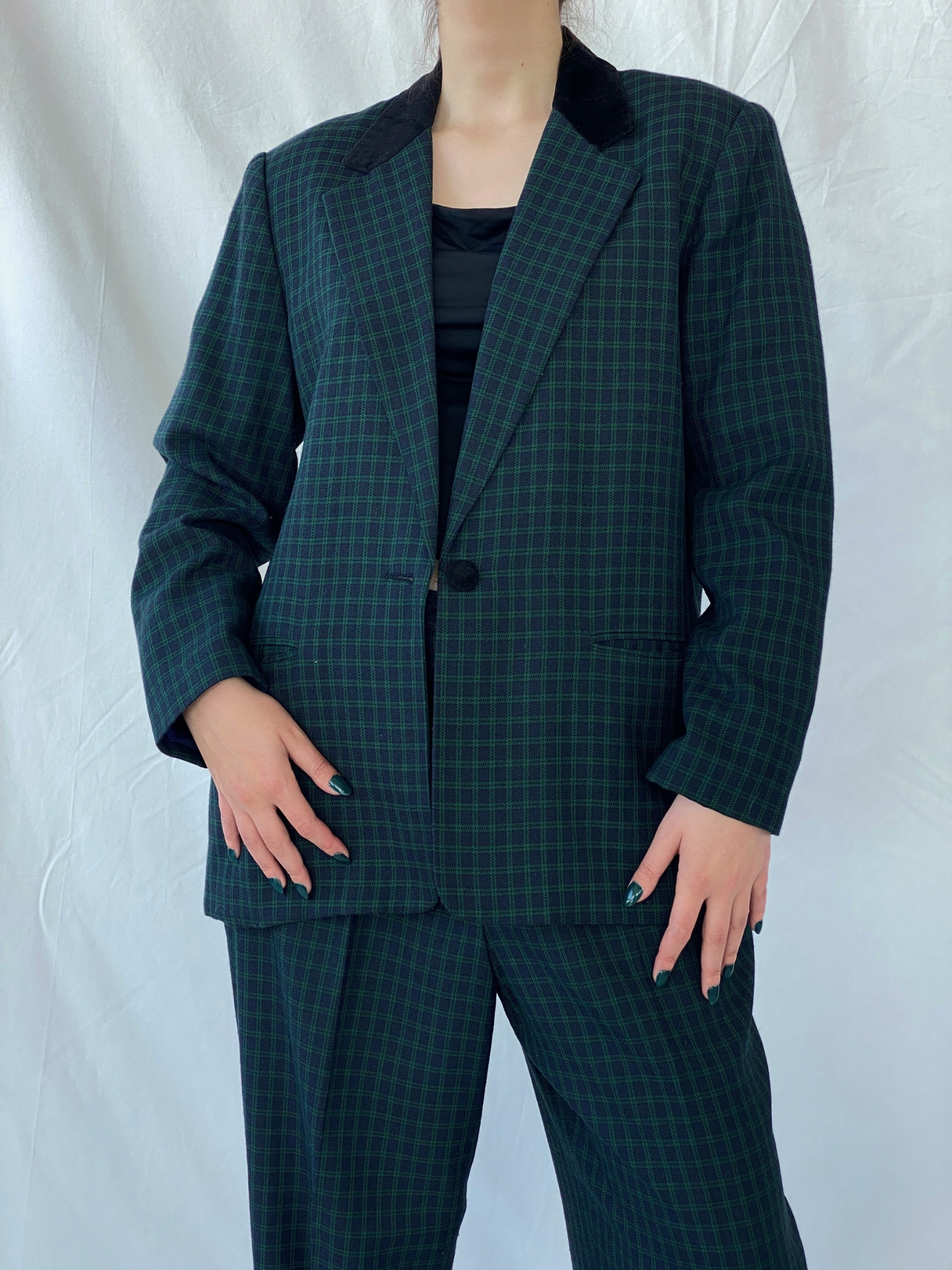 Vintage LESLIE FAY Sportswear Black and Green Plaid Blazer Pants Power Suit Set - XL