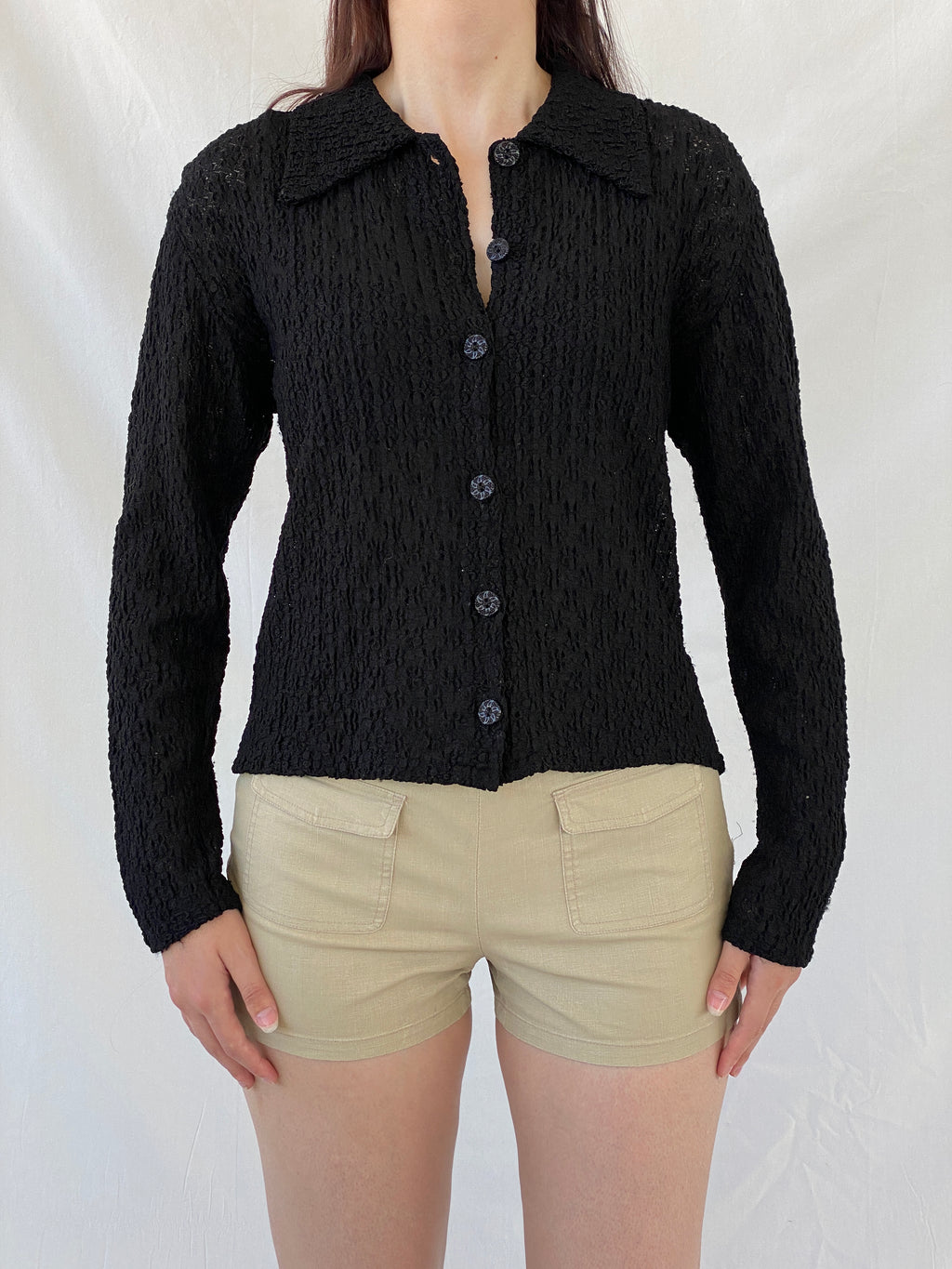 Vintage Black Crinkle Knit Cardigan Textured Long Sleeve Shirt - M