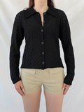 Vintage Black Crinkle Knit Cardigan Textured Long Sleeve Shirt - M