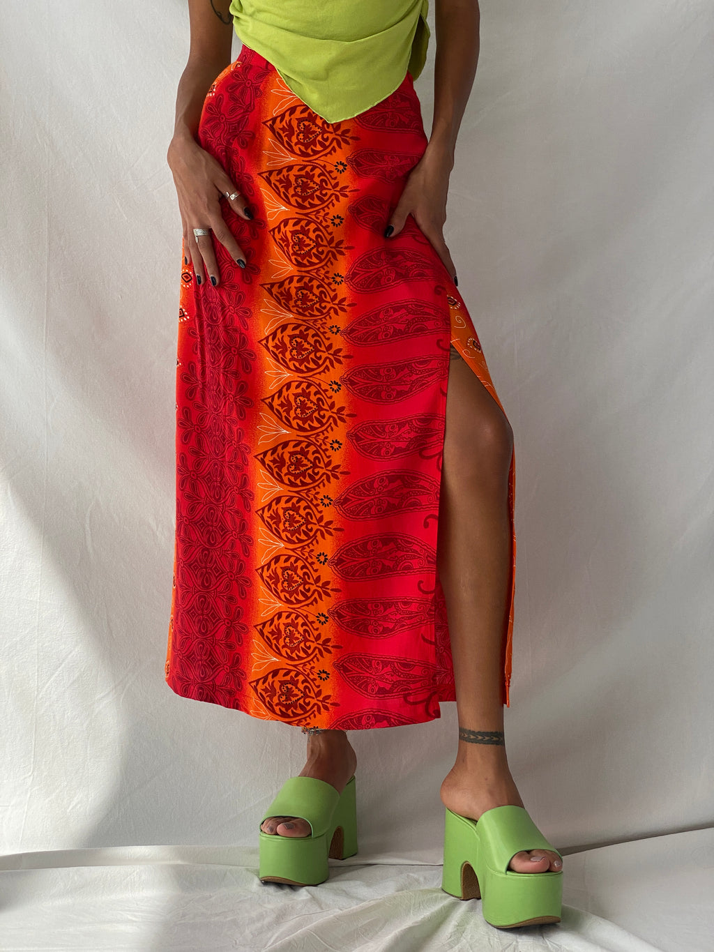 Y2K Wrap Maxi Red & Orange Floral Print Skirt - S